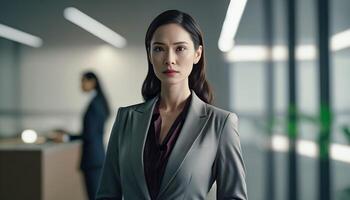 Smart working woman with a business suit is standing and posting in front of a blur office environment background. 12 photo