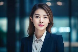 Smart working woman with a business suit is standing and posting in front of a blur office environment background. 132 photo