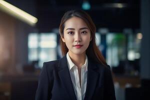 Smart working woman with a business suit is standing and posting in front of a blur office environment background. 129 photo