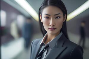 Smart working woman with a business suit is standing and posting in front of a blur office environment background. 121 photo
