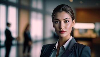 Smart working woman with a business suit is standing and posting in front of a blur office environment background. 113 photo