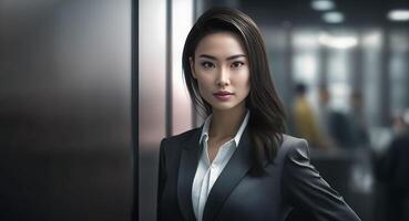 Smart working woman with a business suit is standing and posting in front of a blur office environment background. 118 photo