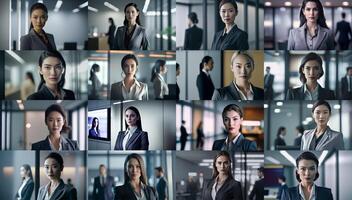 Smart working woman with a business suit is standing and posting in front of a blur office environment background. 10 photo