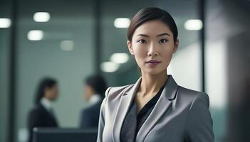 Smart working woman with a business suit is standing and posting in front of a blur office environment background. 114 photo