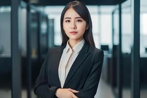 Smart working woman with a business suit is standing and posting in front of a blur office environment background. 135 photo