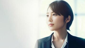 Smart working woman with a business suit is standing and posting in front of a blur office environment background created with . photo