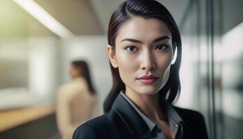 Smart working woman with a business suit is standing and posting in front of a blur office background photo