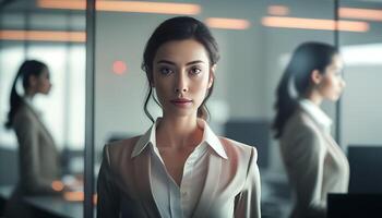 Smart working woman with a business suit is standing and posting in front of a blur office environment background. photo