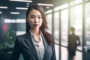 Smart working woman with a business suit is standing and posting in front of a blur office background. photo