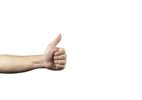 An anonymous left hand make his hand into the form of a like button on a white background. Clipping Paths. photo