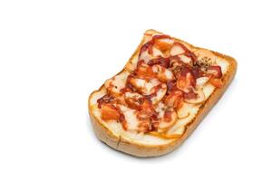 Homemade pizza is simple to make in the kitchen all yo. u need is bread, pizza sauce, and sausage. It is a family activity that everyone can participate in. White Background and Clipping Path. photo