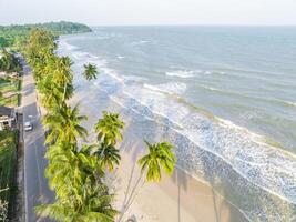 The ariel view of the clear sky with palm trees, fine sand and foam waves splashed to serene beach in Chumphon photo
