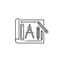 A line drawing of a pencil, ruler and compass vector