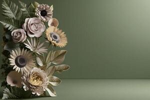 3d rendering of a vase with flowers on a green background photo