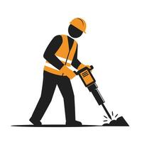 A man in an orange vest and hard hat is using a drill vector