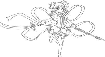 A coloring page with a girl in a dress holding a sword vector