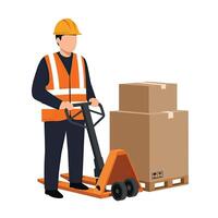A man in an orange vest and safety helmet is standing next to a forklift vector