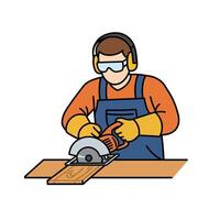 A man in overalls is cutting wood with a circular saw vector