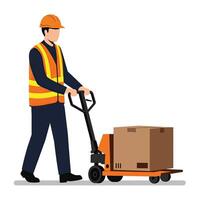 Man with a forklift moving boxes on a white background vector