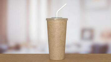 Coffee paper cup on wood Table 3d Rendering. photo