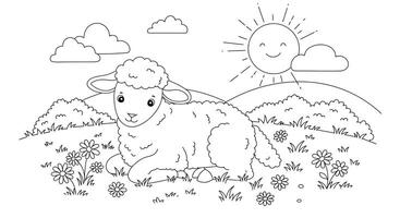 A coloring page with a sheep in the grass and sun showing on background vector