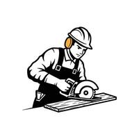 A man in overalls is cutting a piece of wood vector