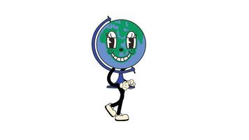 Groovy Retro Cartoon Earth Globe Character, walking in a seamless loop animation. Transparent background for easy use in designs and overlays video