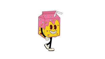 Groovy Retro Cartoon Milkshake, box of strawberry milk Character. Loop Animation video