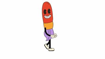 Groovy Retro Cartoon Paintbrush Character, walking in a seamless loop animation. Transparent background for easy use in designs and overlays video