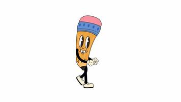 Groovy Retro Cartoon Pencil Character, walking in a seamless loop animation. Transparent background for easy use in designs and overlays video