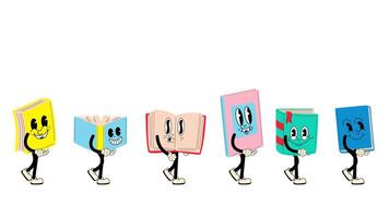 A set of groovy retro cartoon book characters walking in a seamless loop animation. Funky 70s inspired design with a transparent background for easy use in designs and overlays video