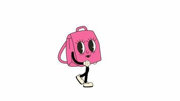 Groovy Retro Cartoon Backpack Character, walking in a seamless loop animation. Transparent background for easy use in designs and overlays video