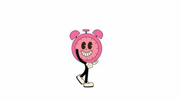 Groovy Retro Cartoon Alarm clock Character, walking in a seamless loop animation. Transparent background for easy use in designs and overlays video