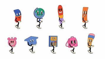 A set of retro school item mascot characters in a 1930s to 1960s classic cartoon animation style. Cheerful school supplies walking in a seamless loop animation with vintage charm video