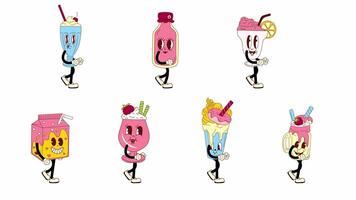 uma conjunto do groovy retro desenho animado milkshake personagens caminhando dentro uma desatado ciclo animação. funky Anos 70 inspirado Projeto com uma transparente fundo para fácil usar dentro desenhos e sobreposições video
