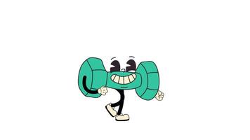 A retro cartoon-style dumbbell character, walking in a seamless loop animation. Transparent background for easy use in designs and overlays video