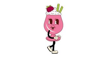 A groovy retro cartoon milkshake character walking in a seamless loop animation. Funky 70s-inspired design with a transparent background for easy use in designs and overlays video