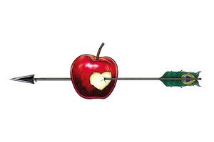 illustration of an apple stuck with an arrow, hand drawn vector