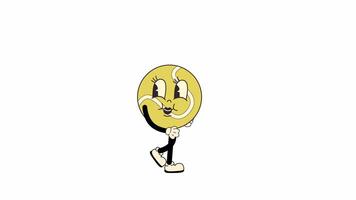 Groovy retro cartoon tennis ball sport character, walking in a seamless loop animation. Transparent background for easy use in designs and overlays video