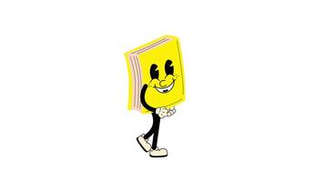 A groovy retro cartoon book character walking in a seamless loop animation. Funky 70s-inspired design with a transparent background for easy use in designs and overlays video
