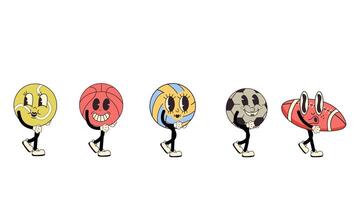 Set of retro cartoon style sport ball characters walking in a seamless loop animation. Transparent background for easy use in designs, overlays, and sports themed projects video