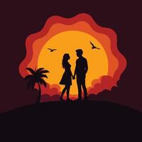 A couple standing in front of a sunset with palm trees vector