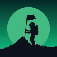 Astronaut holding flag on top of mountain vector