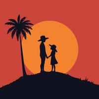 Silhouette of a couple holding hands in front of a palm tree vector
