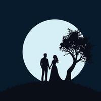 Silhouette of a couple standing under a tree in front of a full moon vector