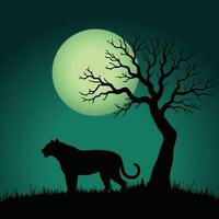 A black panther standing in front of a tree at night vector