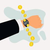 Hand using digital watch with money. Time is money concept illustration vector