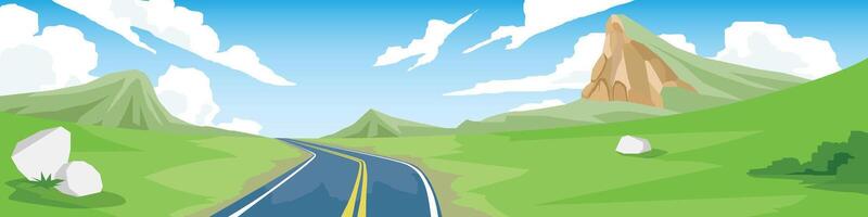 Landcape view of asphalt road that cuts through the grasslands. Background of mountain under blue sky and white clouds. vector