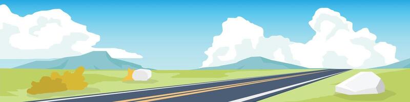 Landscape asphalt road stretching into the distance. White clouds and bright blue sky. While rolling hills and patches of foliage add depth. vector