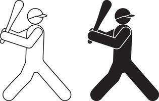 outline silhouette baseball player holding a bat in a ready to swing position. The design is minimalistic and stylized icon set vector